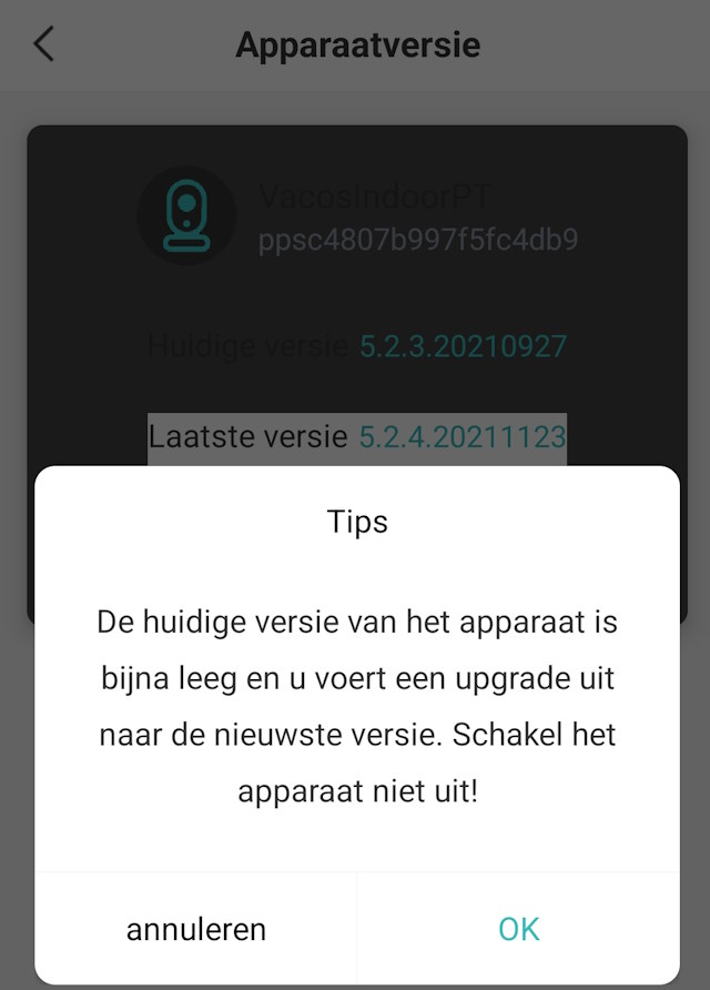 Vacos Indoor Cam PT - huidige versie is bijna leeg