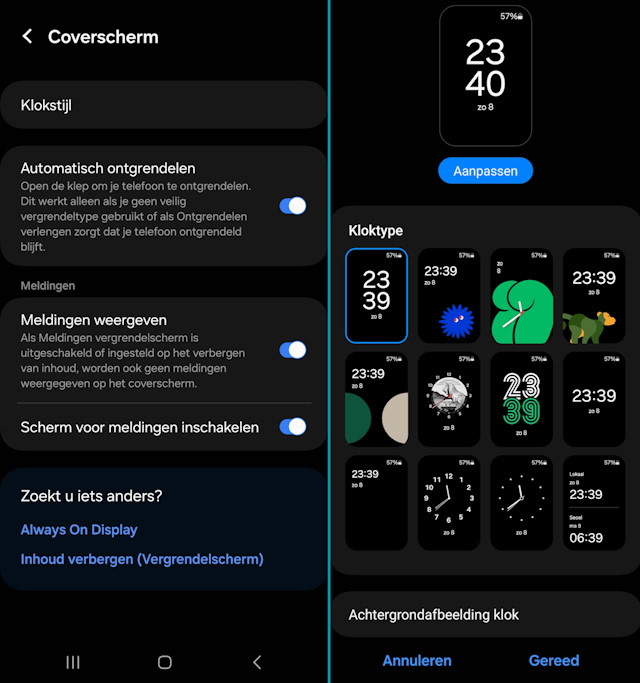 Coverscherm instellingen